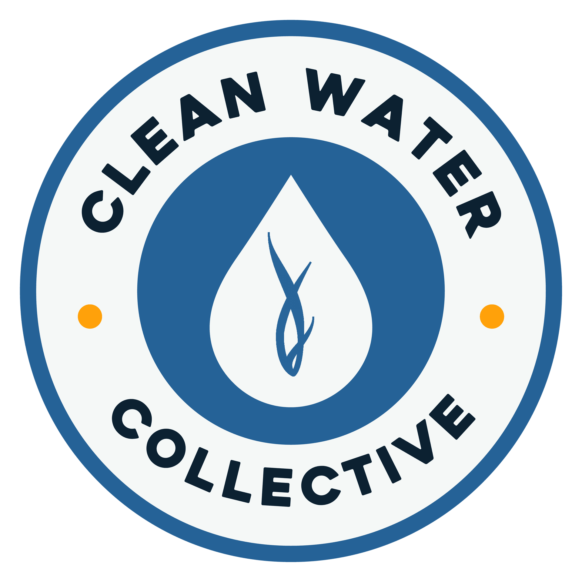 Clean Water Collective logo featuring a water droplet with flame inside a blue circular seal